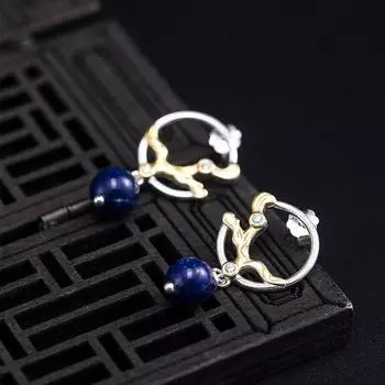 Серьги из стерлингового серебра 925 пробы с лазуритом, ювелирные изделия для женщин, 2022, китайский стиль, ретро-ветвь, круглые висячие серьги EH120 серебряный