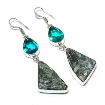 Серьги из стерлингового серебра 925 пробы с натуральным серафинитом и турмалином 2,76 дюйма U5W62