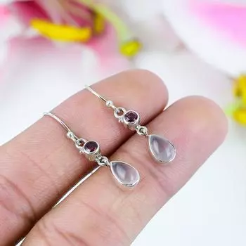 Серьги из стерлингового серебра 925 пробы с натуральным розовым кварцем и гранатом, 1,5 дюйма, D2i64