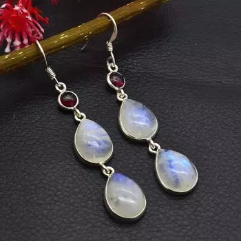 Серьги из стерлингового серебра 925 пробы с красным гранатом и лунным камнем, серьги-капли в стиле бохо, дизайнерские серьги-подвески ручной работы 2.20 Inches белый