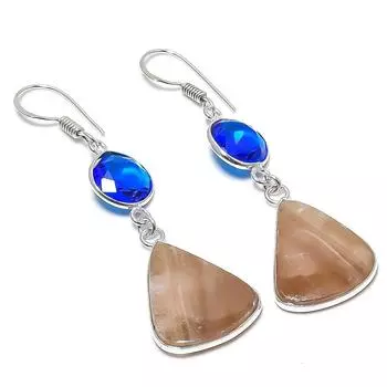 Серьги из стерлингового серебра 925 пробы с натуральным флюоритом и голубым топазом 2,25 дюйма I3M98