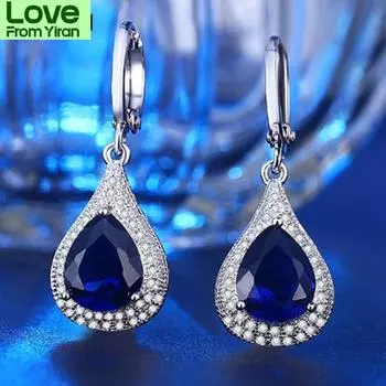 Серьги из стерлингового серебра 925 пробы с блестящим сапфиром и цирконием для женщин, серебряные ювелирные изделия, серьги-подвески оптом