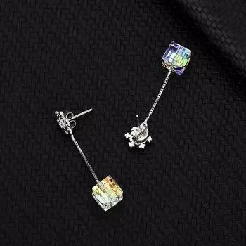 Серьги из стерлингового серебра 925 пробы с кристаллами Тессеракта, квадратные серьги-гвоздики с подвесками в виде снежинки и длинной кисточкой