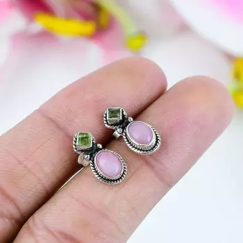 Серьги из стерлингового серебра 925 пробы с натуральным розовым опалом и перидотом, диаметр 0,75 дюйма t7M83