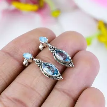 Серьги из стерлингового серебра 925 пробы с натуральным голубым топазом и драгоценным камнем Ларимар, 1 дюйм, a1G13