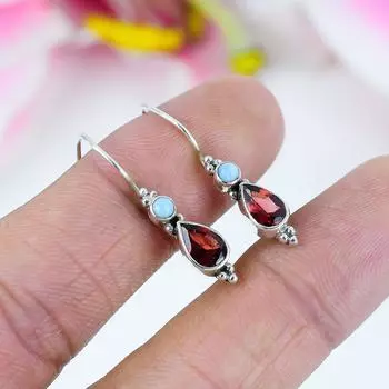 Серьги из стерлингового серебра 925 пробы с натуральным гранатом и драгоценным камнем Ларимар, 1,25 дюйма, v2O51