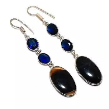 Серьги из стерлингового серебра 925 пробы с натуральным агатом Монтана и голубым топазом, 3,23 дюйма, K0e92