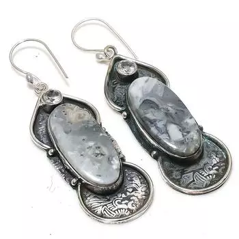 Серьги из стерлингового серебра 925 пробы с натуральным кружевным агатом и белым топазом, 2,80 дюйма, A6l32