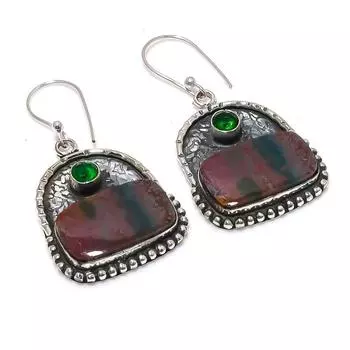 Серьги из стерлингового серебра 925 пробы с натуральным кровавым камнем и диопсидом 1,97 дюйма h4M86