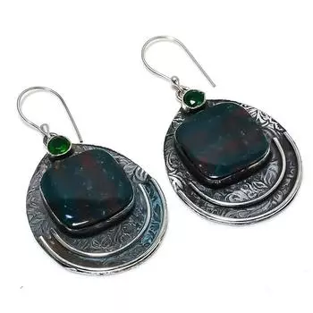 Серьги из стерлингового серебра 925 пробы с натуральным кровавым камнем и диопсидом, 2,25 дюйма q5I21