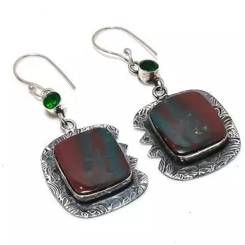 Серьги из стерлингового серебра 925 пробы с натуральным кровавым камнем и диопсидом, 2,36 дюйма Q2K07