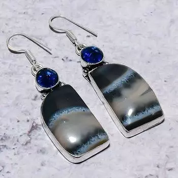 Серьги из стерлингового серебра 925 пробы с натуральным агатом и голубым топазом, 2,29 дюйма, u6s94