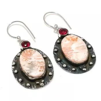 Серьги из стерлингового серебра 925 пробы с натуральным оранжевым сколецитом и гранатом 2,05 дюйма K7C15