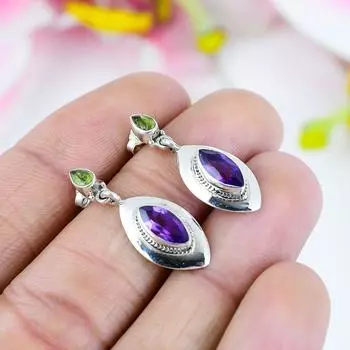 Серьги из стерлингового серебра 925 пробы с натуральным аметистом и драгоценным камнем перидот 1,25 дюйма Y8M45
