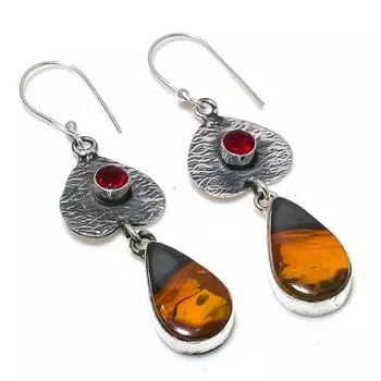 Серьги из стерлингового серебра 925 пробы с натуральным тигровым глазом и драгоценным камнем гранатом 2,36 дюйма B9Z29