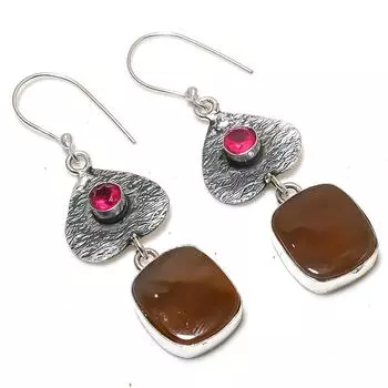 Серьги из стерлингового серебра 925 пробы с натуральным трубчатым агатом и рубиллитом 2,36 дюйма R3B61