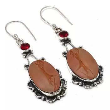 Серьги из стерлингового серебра 925 пробы с натуральной яшмой малигано и гранатом 2,48 дюйма g9V08