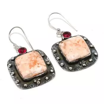 Серьги из стерлингового серебра 925 пробы с натуральным оранжевым сколецитом и драгоценным камнем гранатом 1,81 дюйма T0w62