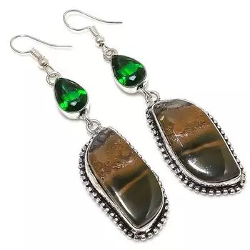 Серьги из стерлингового серебра 925 пробы с натуральным кровавым камнем и диопсидом, 2,96 дюйма, F0l74