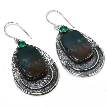 Серьги из стерлингового серебра 925 пробы с натуральным кровавым камнем и диопсидом, 2,44 дюйма, W9H02