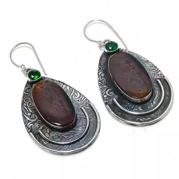 Серьги из стерлингового серебра 925 пробы с натуральным кровавым камнем и диопсидом, 2,44 дюйма M8C90