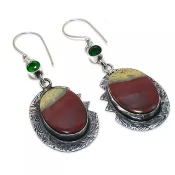 Серьги из стерлингового серебра 925 пробы с натуральным кровавым камнем и диопсидом 2,48 дюйма z0D23