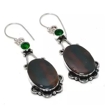 Серьги из стерлингового серебра 925 пробы с натуральным кровавым камнем и диопсидом 2,48 дюйма I3m72