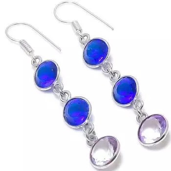 Серьги из стерлингового серебра 925 пробы с натуральным лондонским голубым топазом и аметистом 2,36 дюйма G0P26