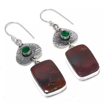 Серьги из стерлингового серебра 925 пробы с натуральным кровавым камнем и диопсидом, 2,40 дюйма, U2H60