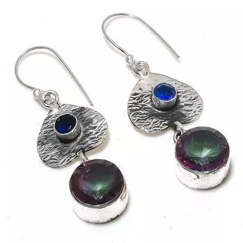 Серьги из стерлингового серебра 925 пробы с натуральным мистическим радужным топазом и голубым топазом, 2,17 дюйма b9u58