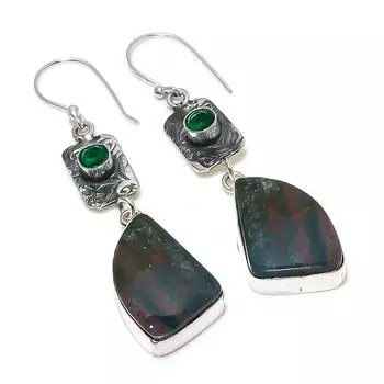 Серьги из стерлингового серебра 925 пробы с натуральным кровавым камнем и диопсидом 2,64 дюйма C0d63