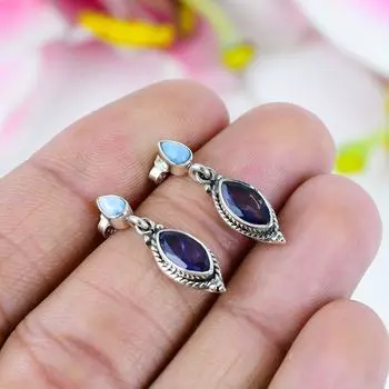 Серьги из стерлингового серебра 925 пробы с натуральным аметистом и драгоценным камнем Ларимар, 1 дюйм, Q3h07