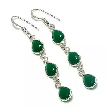 Серьги из стерлингового серебра 925 пробы с натуральным зеленым ониксом 2,40 дюйма W6H85