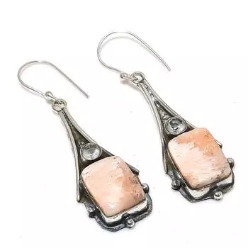 Серьги из стерлингового серебра 925 пробы с натуральным оранжевым сколецитом и белым топазом 2,36 дюйма s4o27