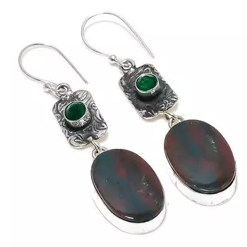 Серьги из стерлингового серебра 925 пробы с натуральным кровавым камнем и диопсидом, 2,60 дюйма Z1Q91