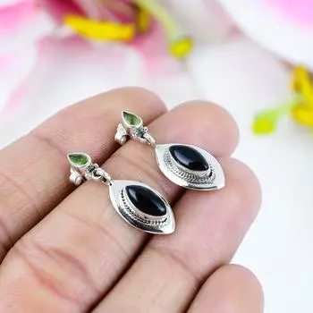 Серьги из стерлингового серебра 925 пробы с натуральным черным онексом и драгоценным камнем перидот, размер 1,25 дюйма, M5r86