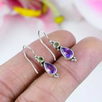 Серьги из стерлингового серебра 925 пробы с натуральным аметистом и драгоценным камнем перидот, 1,25 дюйма, j5U74