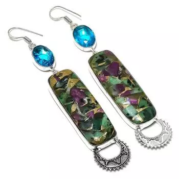 Серьги из стерлингового серебра 925 пробы с рубиновым цоситом и голубым топазом, созданные в лаборатории, 4,02 дюйма, a5u59