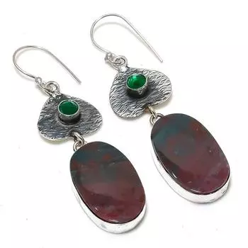 Серьги из стерлингового серебра 925 пробы с натуральным кровавым камнем и диопсидом, 2,64 дюйма Q1v29