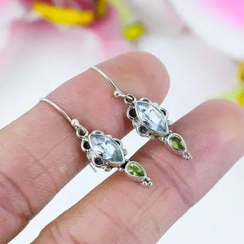 Серьги из стерлингового серебра 925 пробы с натуральным голубым топазом и драгоценным камнем перидот, 1,5 дюйма, N4R11