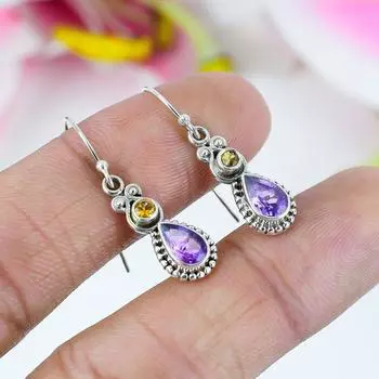 Серьги из стерлингового серебра 925 пробы с натуральным аметистом и цитрином, 1,5 дюйма, B5b14