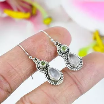 Серьги из стерлингового серебра 925 пробы с натуральным розовым кварцем и драгоценным камнем перидот, 1,5 дюйма, j5m95