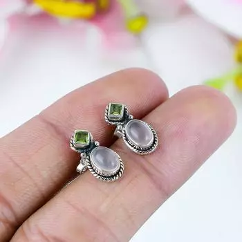 Серьги из стерлингового серебра 925 пробы с натуральным розовым кварцем и перидотом, 0,75 дюйма T4k14