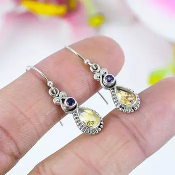 Серьги из стерлингового серебра 925 пробы с натуральным цитрином и аметистом, 1,25 дюйма, K7c42