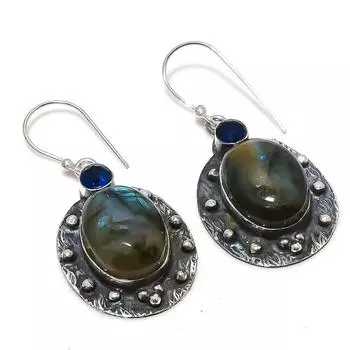 Серьги из стерлингового серебра 925 пробы с натуральным лабрадоритом и голубым топазом, размер 1,97 дюйма, T4p60