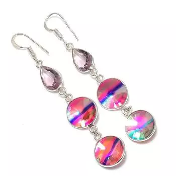 Серьги из стерлингового серебра 925 пробы с натуральным двухцветным турмалином и морганитом 2,84 дюйма F0l11