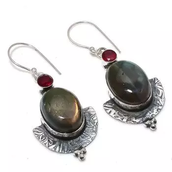Серьги из стерлингового серебра 925 пробы с натуральным лабрадоритом и гранатом 2,13 дюйма M5e50