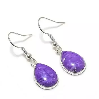 Серьги из стерлингового серебра 925 пробы с натуральным чароитом 1,38 дюйма Q1v44