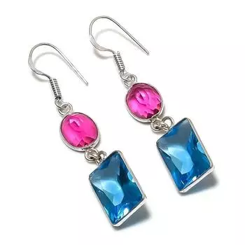 Серьги из стерлингового серебра 925 пробы с натуральным голубым топазом и рубиллитом 2,13 дюйма T9W57