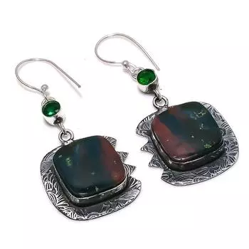 Серьги из стерлингового серебра 925 пробы с натуральным кровавым камнем и диопсидом 2,29 дюйма G6b17